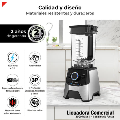 Bogner Licuadora Profesional BSB09S – 3000W, 2L, 3 Programas, Cuchillas Titanio, Acero Inoxidable