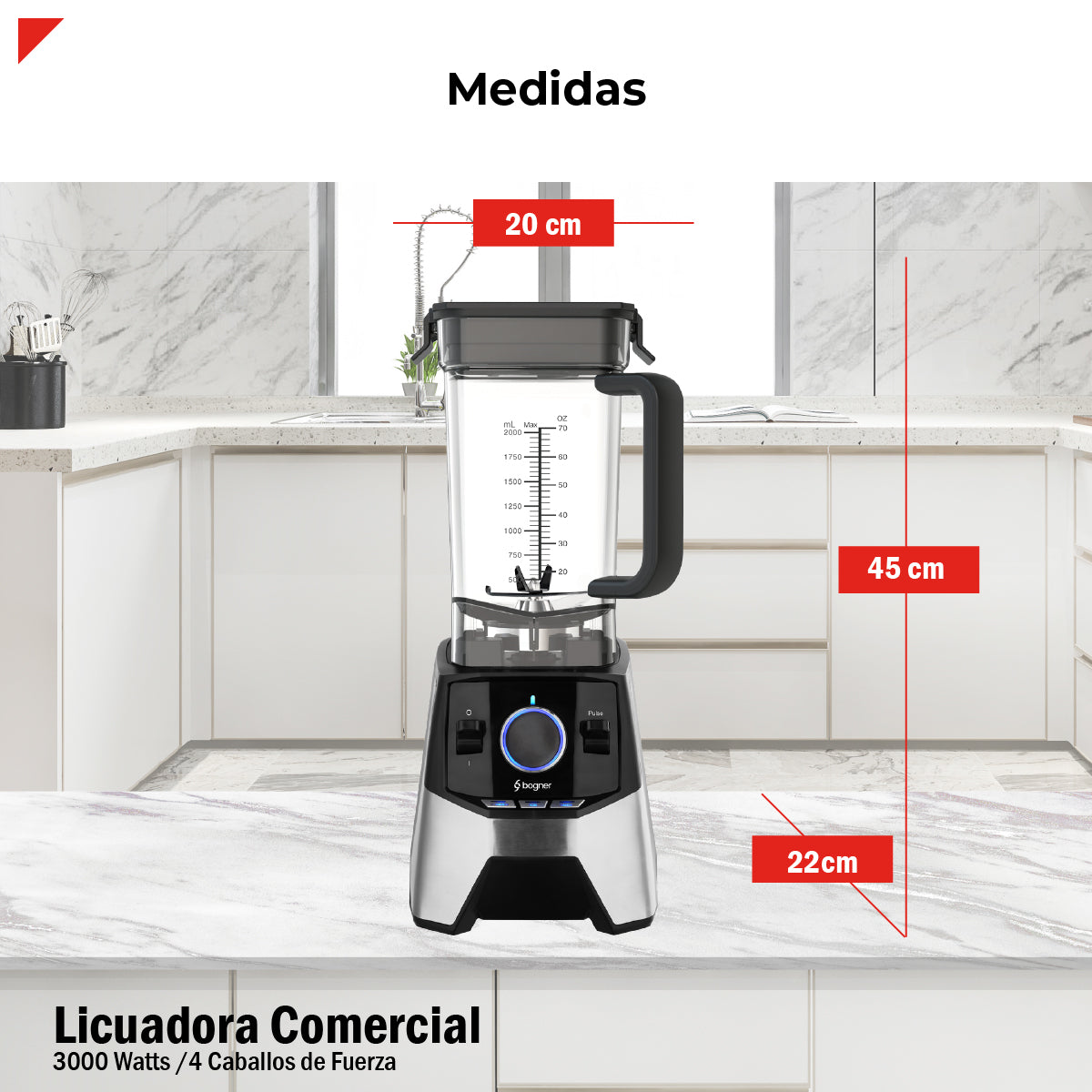 Bogner Licuadora Profesional BSB09S – 3000W, 2L, 3 Programas, Cuchillas Titanio, Acero Inoxidable