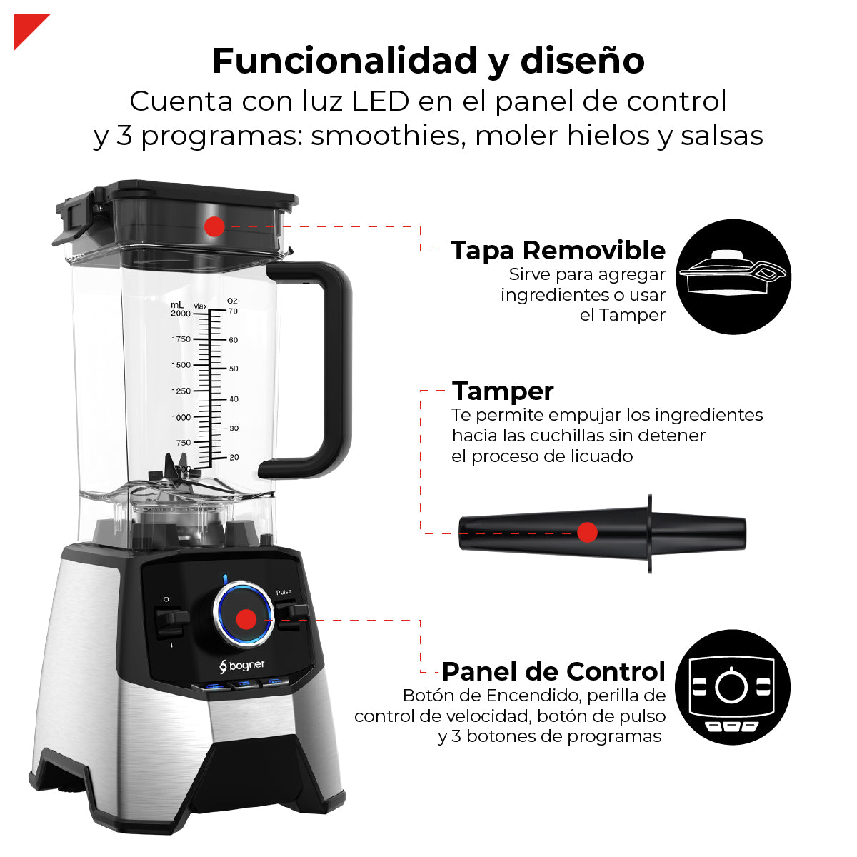 Bogner Licuadora Profesional BSB09S – 3000W, 2L, 3 Programas, Cuchillas Titanio, Acero Inoxidable