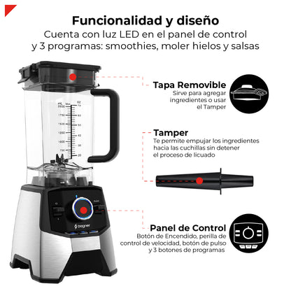 Bogner Licuadora Profesional BSB09S – 3000W, 2L, 3 Programas, Cuchillas Titanio, Acero Inoxidable