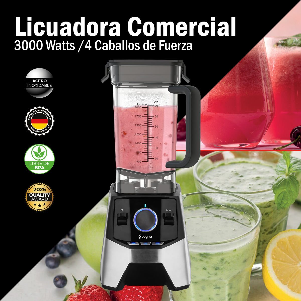 Bogner Licuadora Profesional BSB09S – 3000W, 2L, 3 Programas, Cuchillas Titanio, Acero Inoxidable