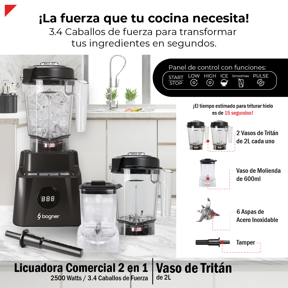 Bogner Combo Licuadora 2 En 1 2500w Tritán 2l + Vaso Extra