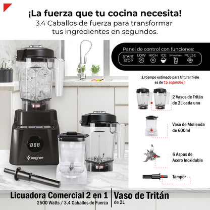 Bogner Combo Licuadora 2 En 1 2500w Tritán 2l + Vaso Extra