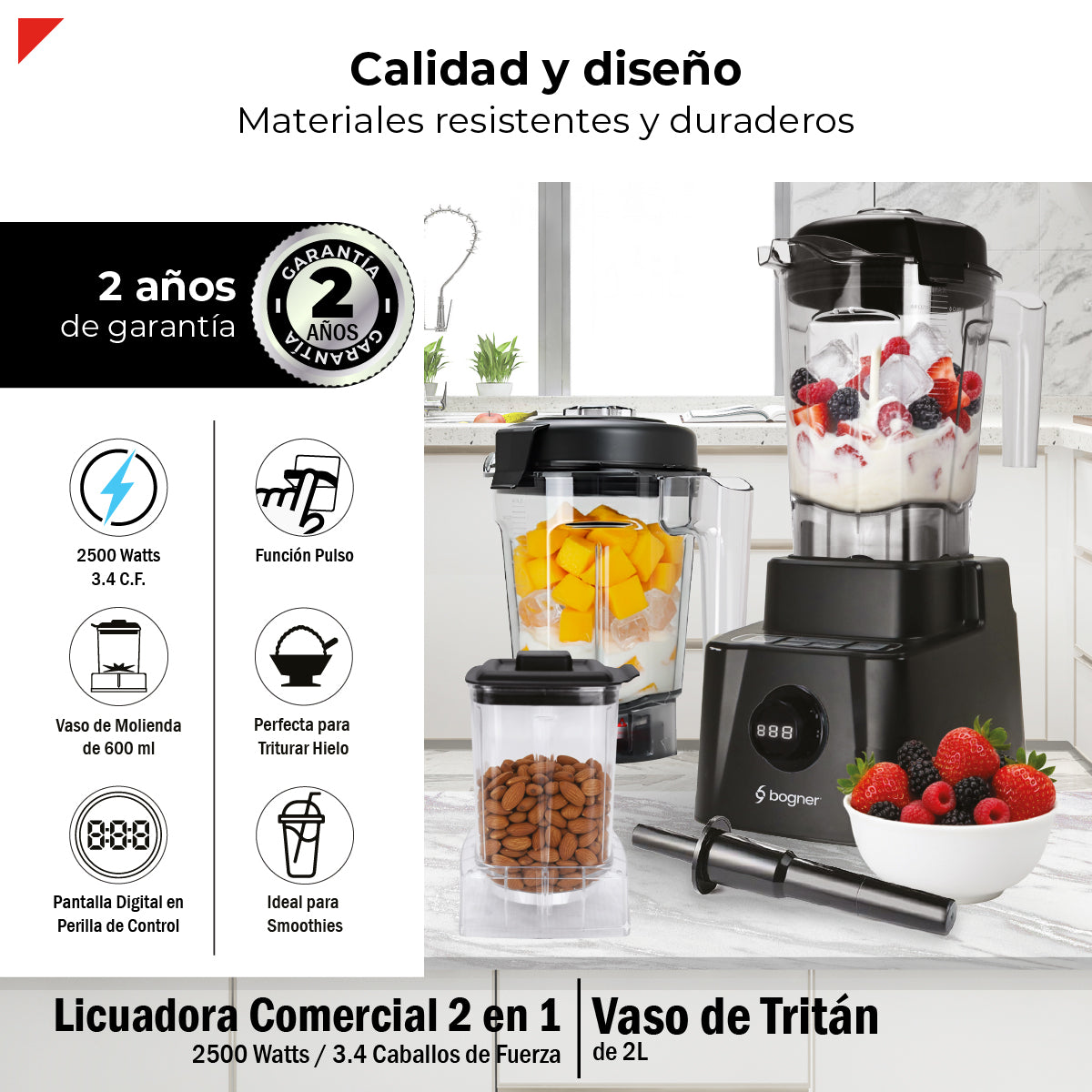 Bogner Combo Licuadora 2 En 1 2500w Tritán 2l + Vaso Extra