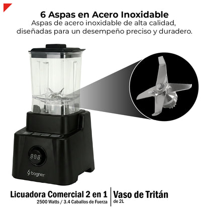 Bogner Combo Licuadora 2 En 1 2500w Tritán 2l + Vaso Extra