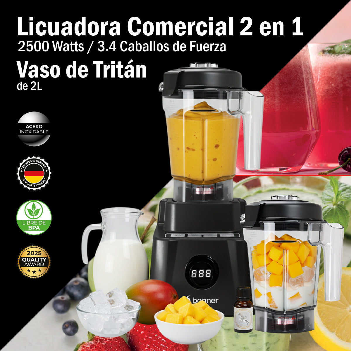 Bogner Combo Licuadora 2 En 1 2500w Tritán 2l + Vaso Extra