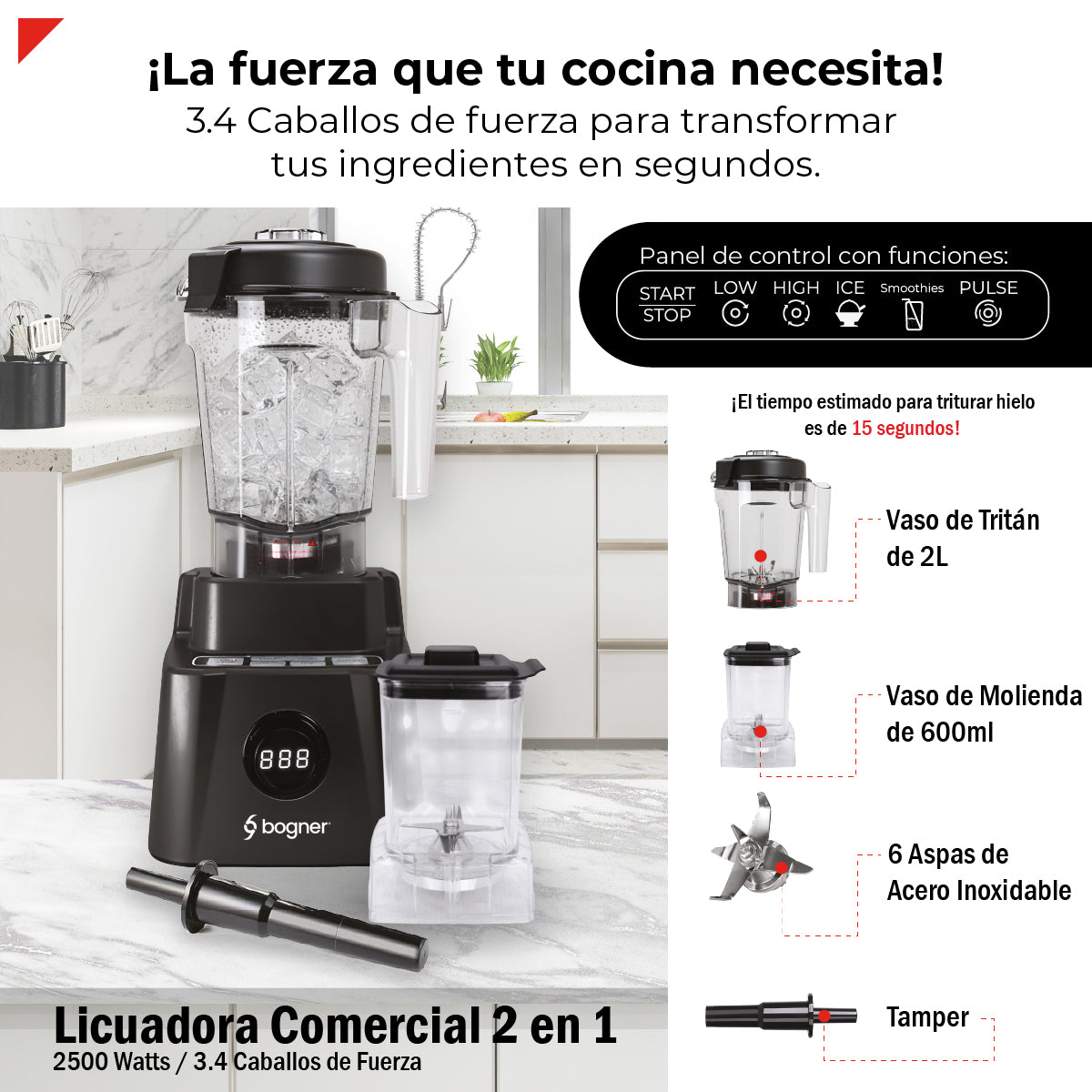 Bogner Licuadora Profesional BSB10XG 2500W (3.4 HP) con Jarra de Tritán 2L, Vaso de Molienda, Pantalla LED y Tamper