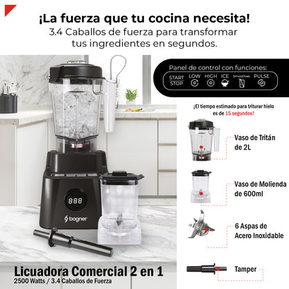 Bogner Licuadora Profesional BSB10XG 2500W (3.4 HP) con Jarra de Tritán 2L, Vaso de Molienda, Pantalla LED y Tamper