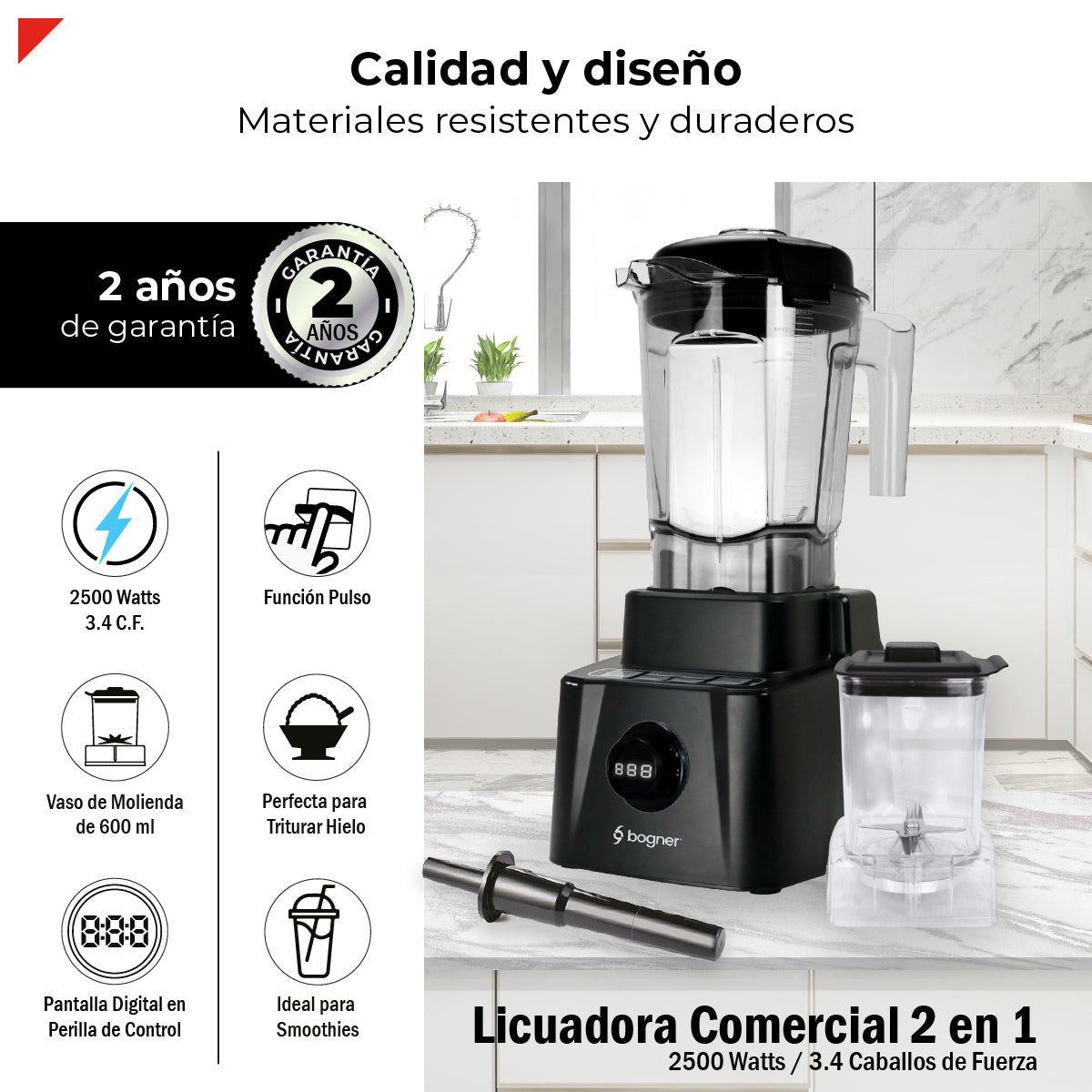 Bogner Licuadora Profesional BSB10XG 2500W (3.4 HP) con Jarra de Tritán 2L, Vaso de Molienda, Pantalla LED y Tamper