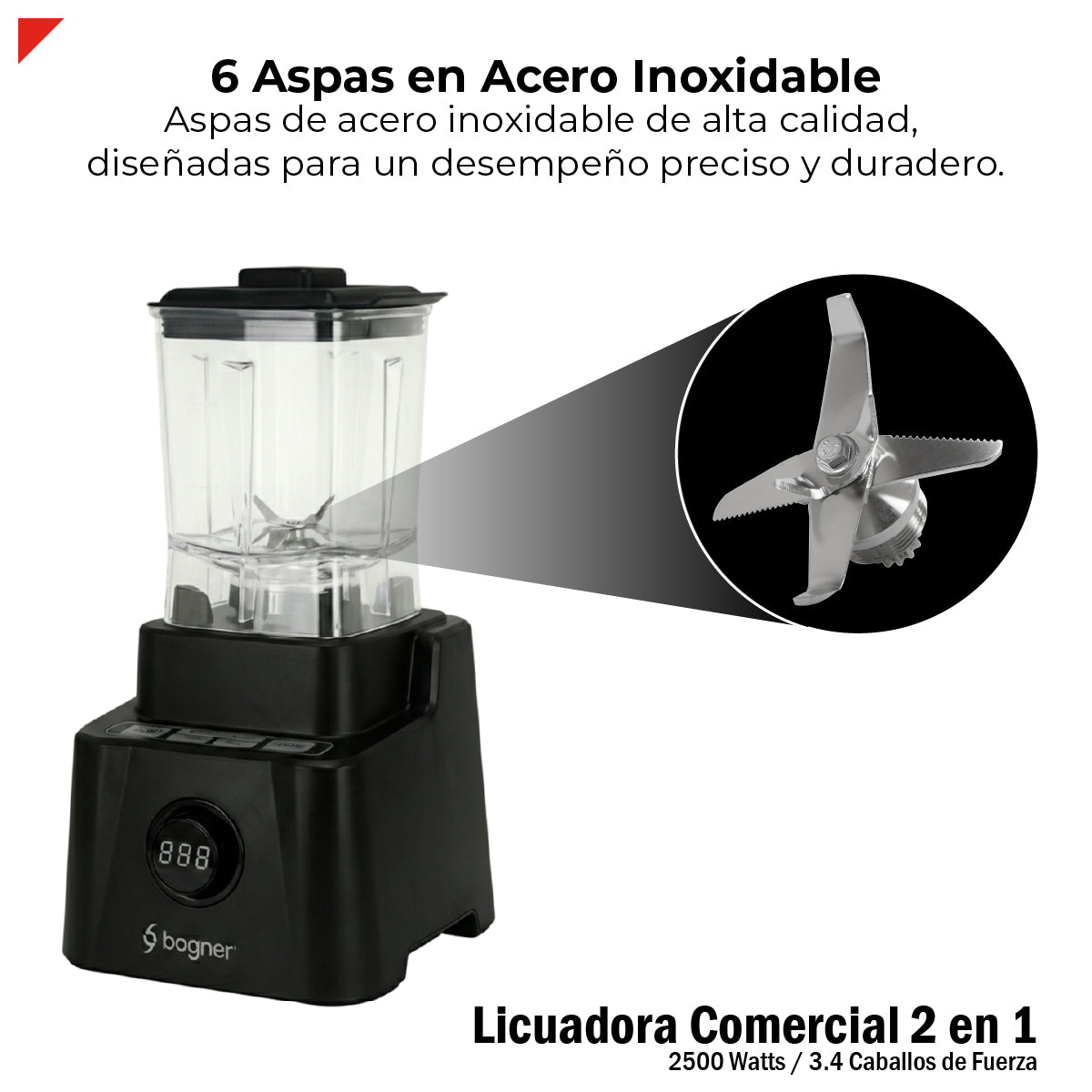 Bogner Licuadora Profesional BSB10XG 2500W (3.4 HP) con Jarra de Tritán 2L, Vaso de Molienda, Pantalla LED y Tamper