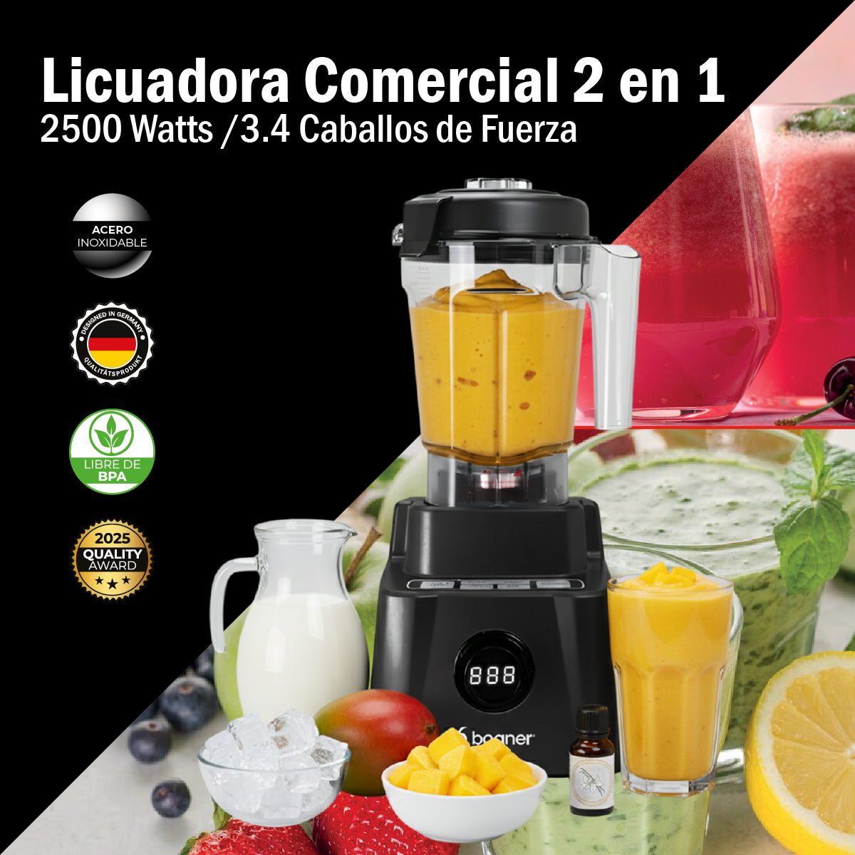 Bogner Licuadora Profesional BSB10XG 2500W (3.4 HP) con Jarra de Tritán 2L, Vaso de Molienda, Pantalla LED y Tamper
