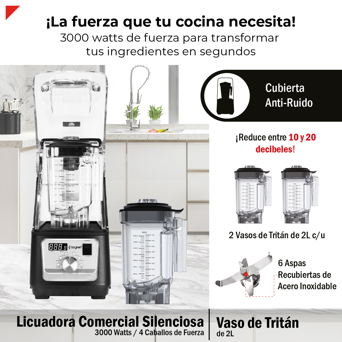 Bogner Combo Licuadora Silenciosa 3000w 4hp Tritán 2l + Vaso Extra