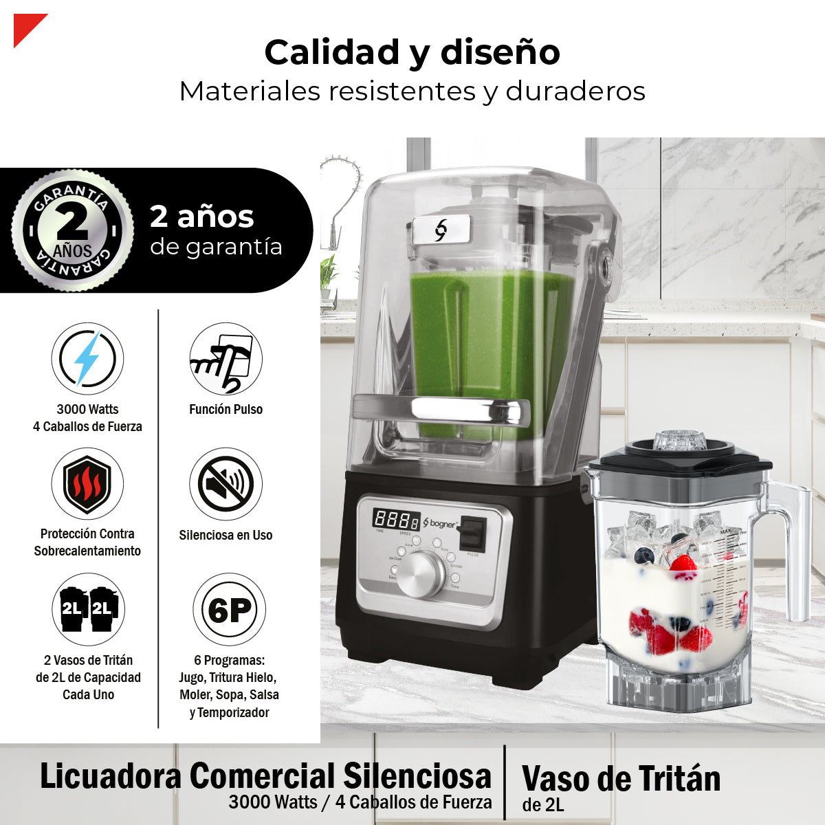 Bogner Combo Licuadora Silenciosa 3000w 4hp Tritán 2l + Vaso Extra