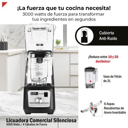 Bogner Licuadora Comercial  Silenciosa BSSB01 3000W (4 HP) con Cubierta Antiruido, Jarra de Tritán 2L, 6 Programas, Panel LED y Función Pulso