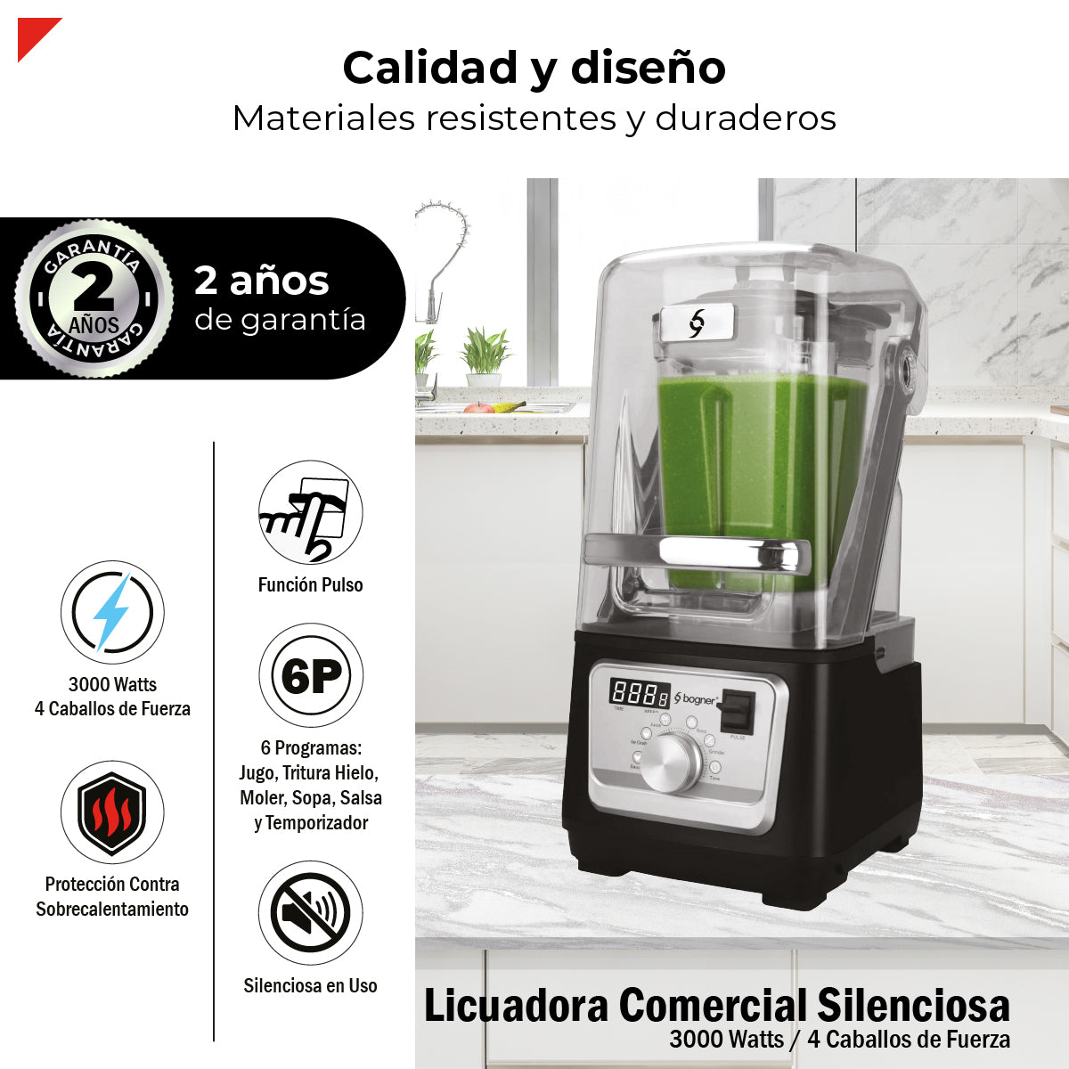 Bogner Licuadora Comercial  Silenciosa BSSB01 3000W (4 HP) con Cubierta Antiruido, Jarra de Tritán 2L, 6 Programas, Panel LED y Función Pulso