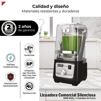 Bogner Licuadora Comercial  Silenciosa BSSB01 3000W (4 HP) con Cubierta Antiruido, Jarra de Tritán 2L, 6 Programas, Panel LED y Función Pulso