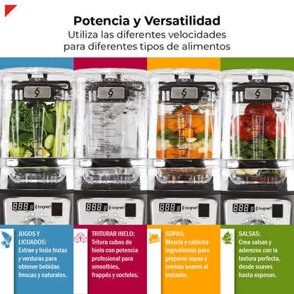 Bogner Licuadora Comercial  Silenciosa BSSB01 3000W (4 HP) con Cubierta Antiruido, Jarra de Tritán 2L, 6 Programas, Panel LED y Función Pulso