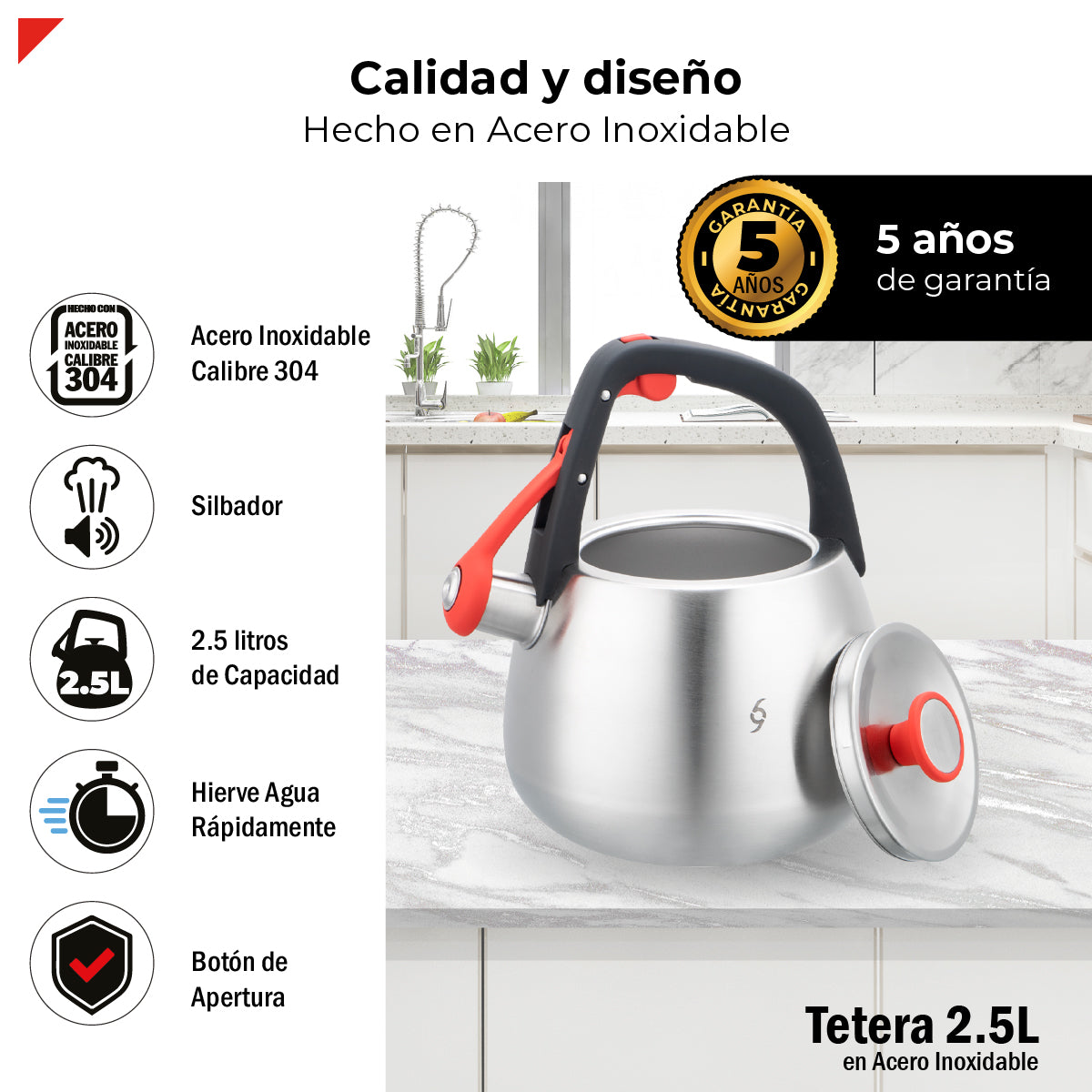 Tetera Bogner 2.5l Acero Inoxidable Bwk25 Compatible Estufas