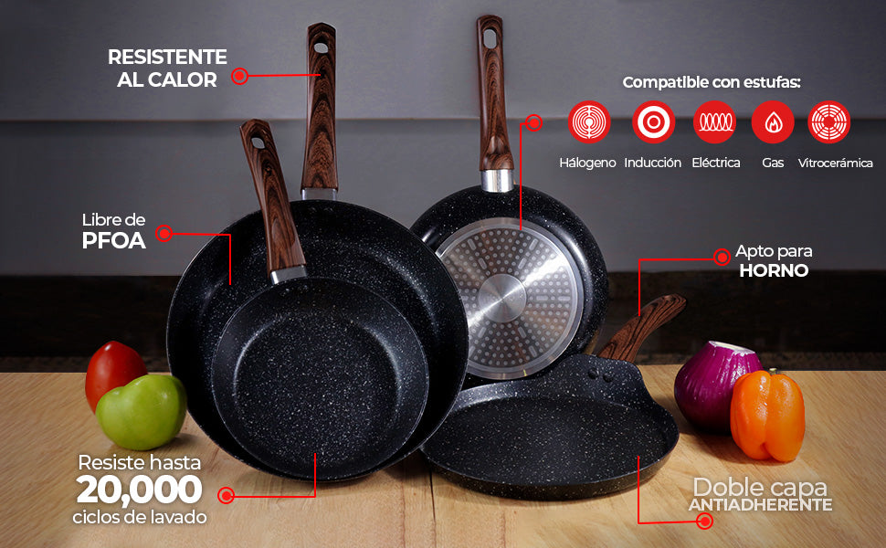 Set de Comal y Sartén 20 y 25 cm de granito y madera con doble antiadherente