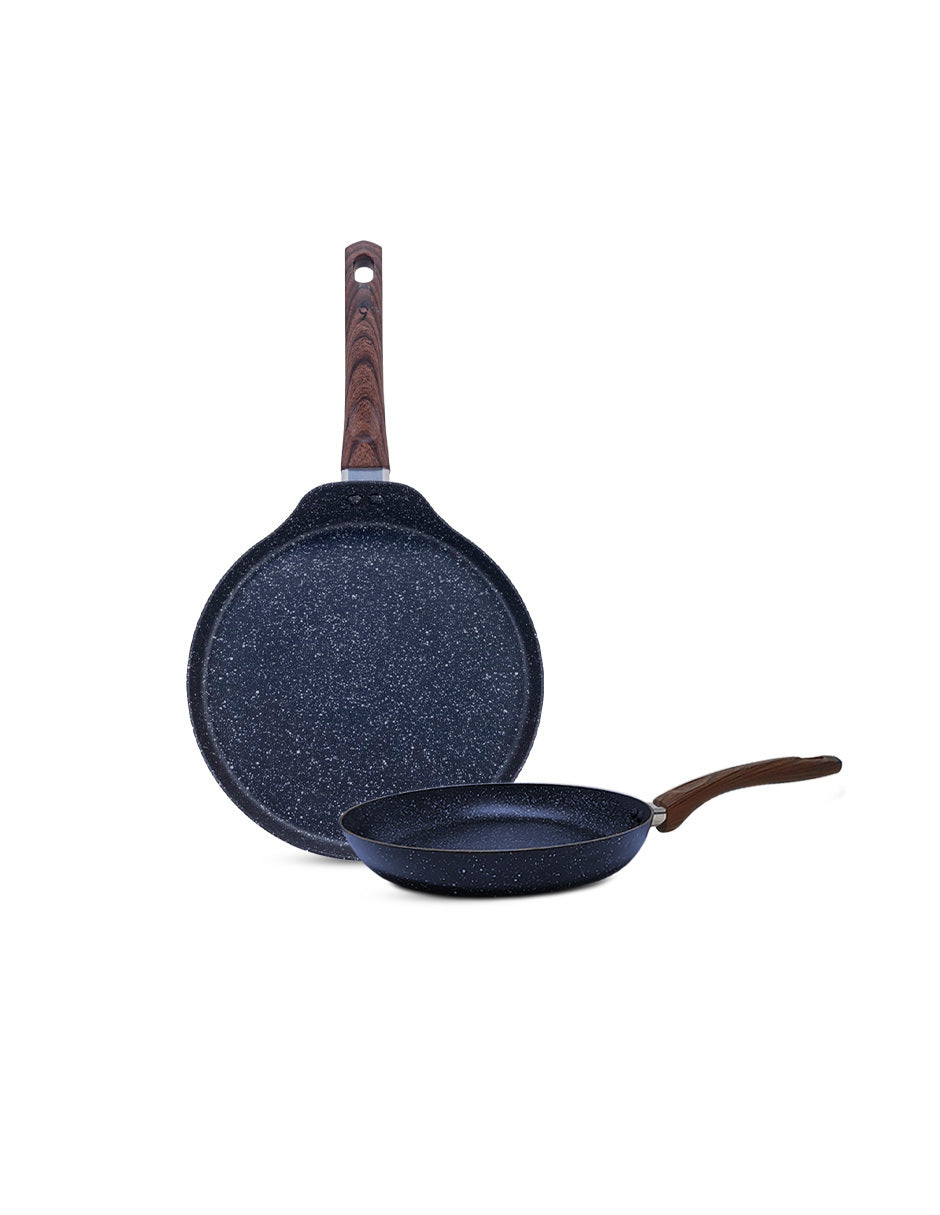 Set de Comal y Sartén 24 y 25 cm de granito y madera con doble antiadherente